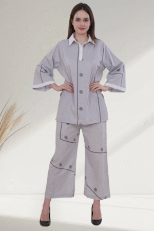 Grey Polka Panel Cotton digital printed Co-Ord Set for Women - Image 6