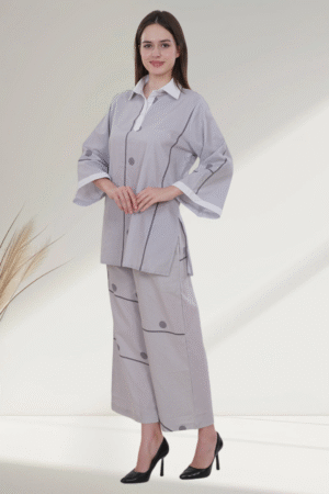 Grey Polka Panel Cotton digital printed Co-Ord Set for Women - Image 5