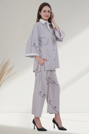 Grey Polka Panel Cotton digital printed Co-Ord Set for Women - Image 4