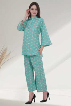 Mint Green Floral digital- Printed Cotton Co-Ord Set for Women - Image 2