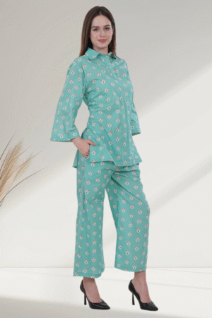 Mint Green Floral digital- Printed Cotton Co-Ord Set for Women - Image 5