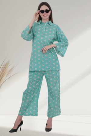 Mint Green Floral digital- Printed Cotton Co-Ord Set for Women - Image 3