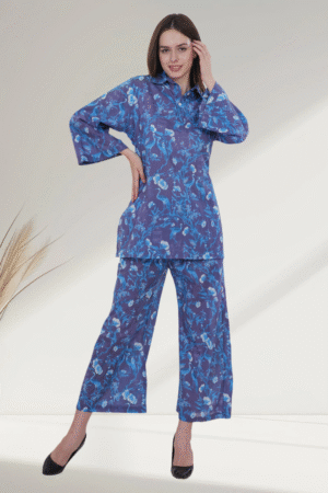 Elegant Blue Floral digital-Printed Co-ord Set for Women - Image 5