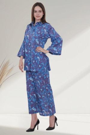 Elegant Blue Floral digital-Printed Co-ord Set for Women - Image 4