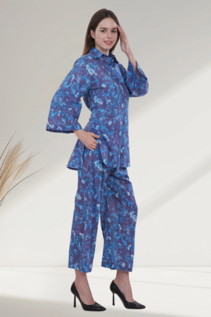 Elegant Blue Floral digital-Printed Co-ord Set for Women - Image 3