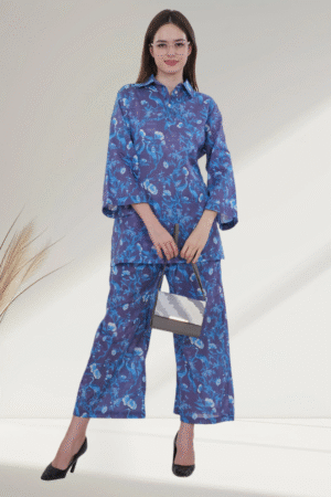 Elegant Blue Floral digital-Printed Co-ord Set for Women
