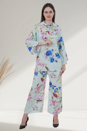 Pastel Green Floral  digital-Printed Co-ord Set for Women