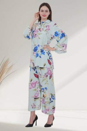 Pastel Green Floral  digital-Printed Co-ord Set for Women - Image 3