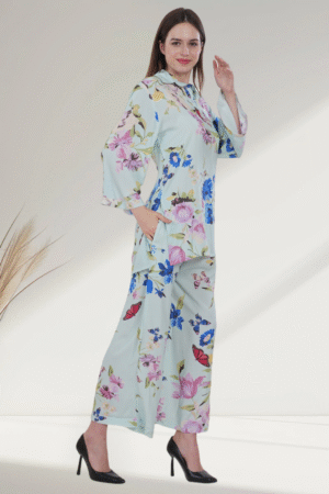 Pastel Green Floral  digital-Printed Co-ord Set for Women - Image 4