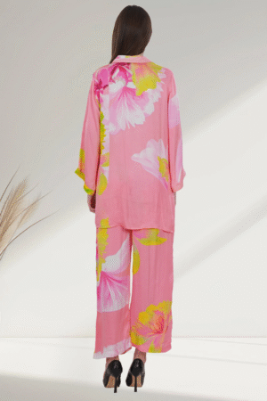 Elegant Floral Satin digital printed co-ord set  for Women – Pink & Yellow Bloom - Image 6