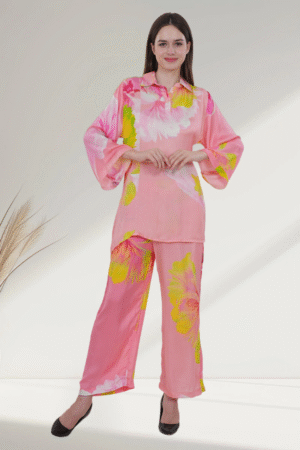Elegant Floral Satin digital printed co-ord set  for Women – Pink & Yellow Bloom - Image 4