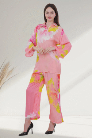 Elegant Floral Satin digital printed co-ord set  for Women – Pink & Yellow Bloom - Image 3