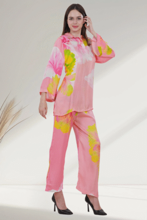 Elegant Floral Satin digital printed co-ord set  for Women – Pink & Yellow Bloom - Image 2