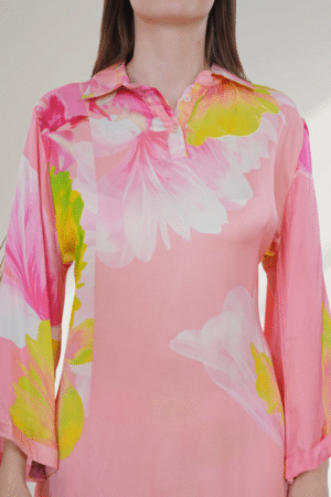 Elegant Floral Satin digital printed co-ord set  for Women – Pink & Yellow Bloom - Image 5