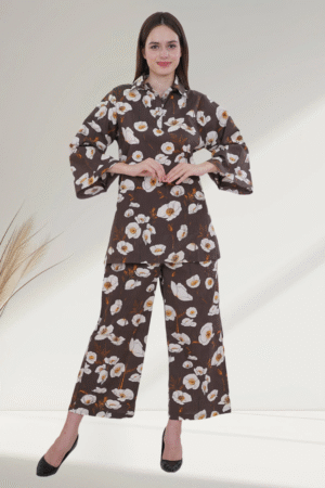 Brown Floral digital  Printed Cotton co-ord set  for Women