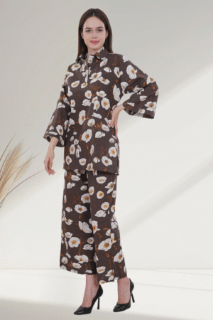 Brown Floral digital  Printed Cotton co-ord set  for Women - Image 4
