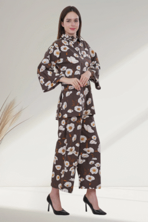 Brown Floral digital  Printed Cotton co-ord set  for Women - Image 5