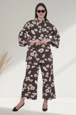 Brown Floral digital  Printed Cotton co-ord set  for Women - Image 7