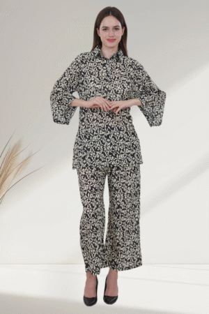 Classic Black & Beige Leaf-digital Print Suit for Women