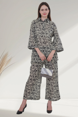 Classic Black & Beige Leaf-digital Print Suit for Women - Image 6