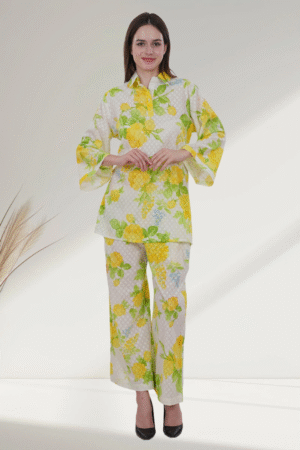 Floral Lemon Yellow & White Cotton digital-printed  co-ord set for Women