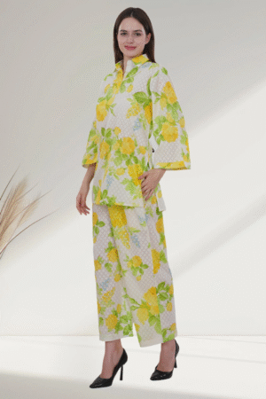 Floral Lemon Yellow & White Cotton digital-printed  co-ord set for Women - Image 6