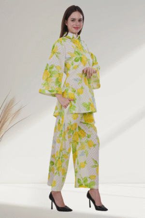Floral Lemon Yellow & White Cotton digital-printed  co-ord set for Women - Image 5