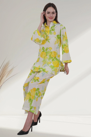Floral Lemon Yellow & White Cotton digital-printed  co-ord set for Women - Image 3