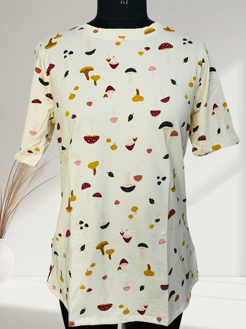 Whimsical Mushroom Digital Print Beige Cotton T-Shirt