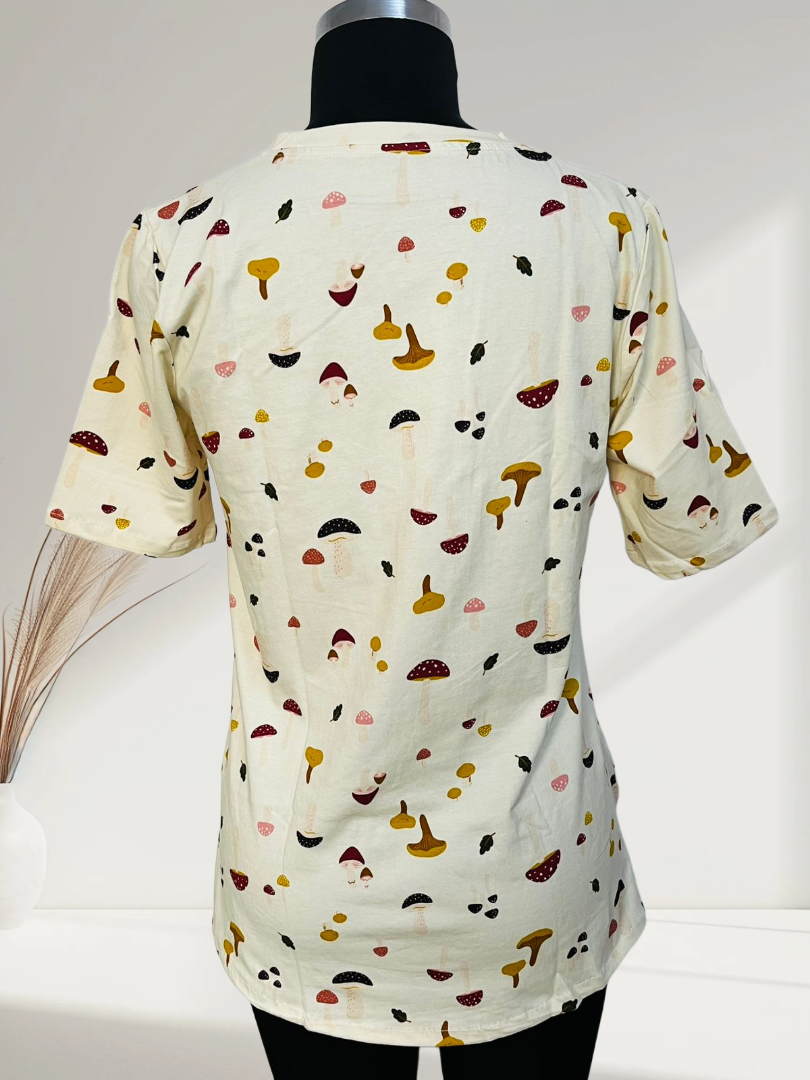 Whimsical Mushroom Digital Print Beige Cotton T-Shirt - Image 2