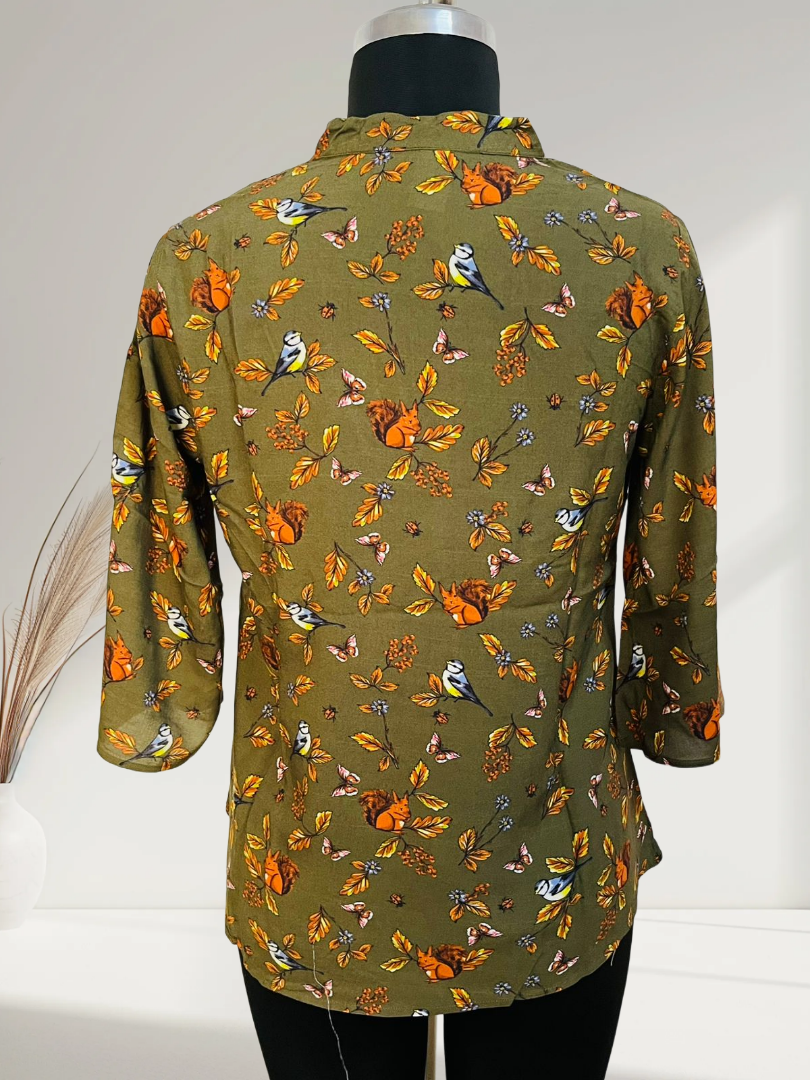 Olive Green Floral Digital Printed Casual Top for Women - Image 2