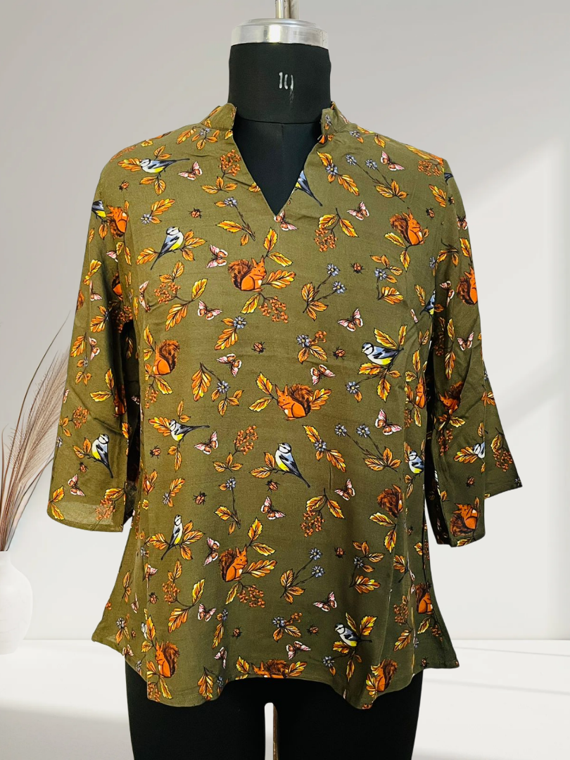 Olive Green Floral Digital Printed Casual Top for Women