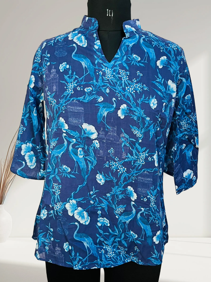 Elegant Peacock & Floral Digital Printed Women’s Top in Navy Blue